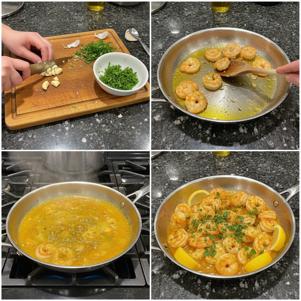 Shrimp cooking in a hot pan with sizzling garlic and butter, preparing for shrimp scampi.