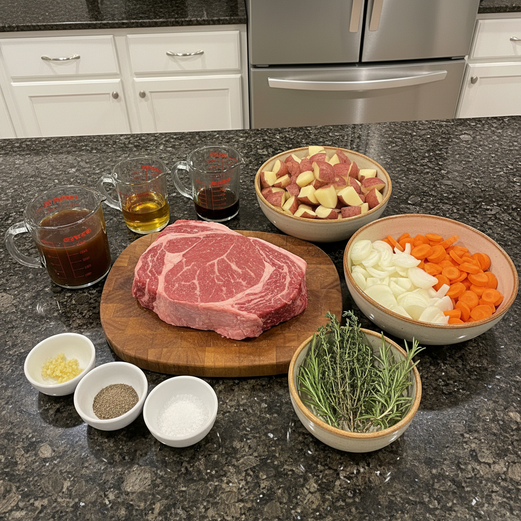 Fresh, raw ingredients for a Slow Cooker Pot Roast laid out on a cutting board, including beef chuck, carrots, potatoes, and herbs.
