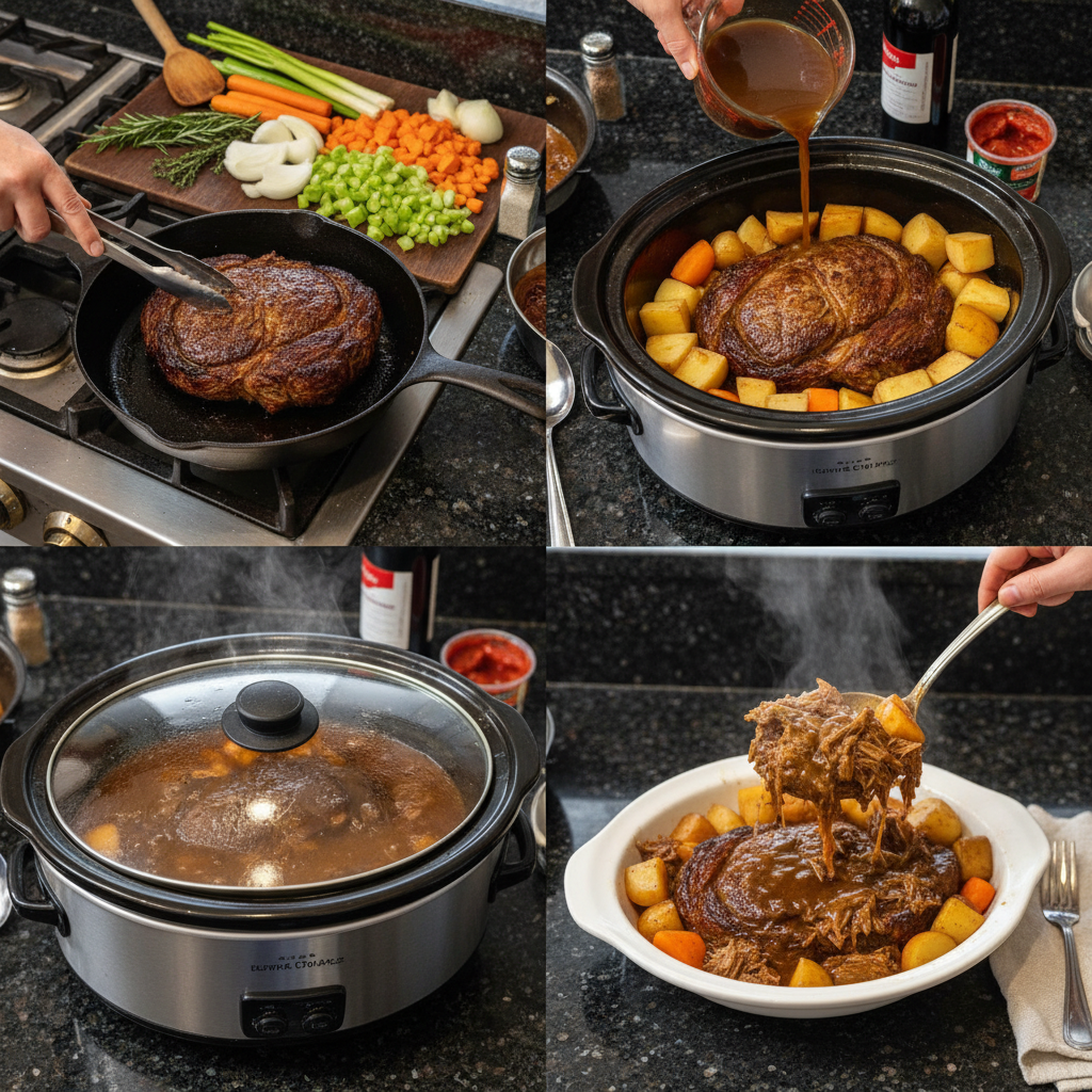 A cook places well-seasoned beef chuck and hearty vegetables into a slow cooker pot, ready for the pot roast.