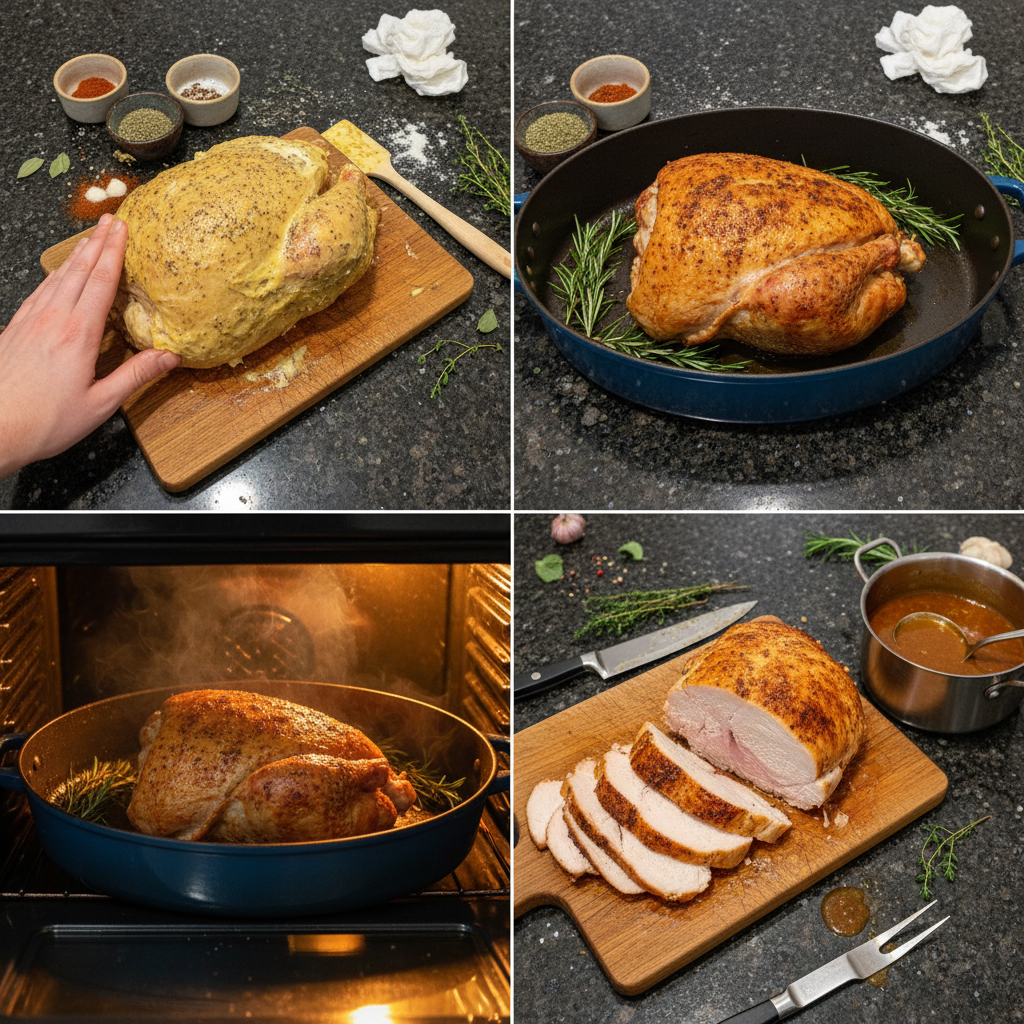 Someone carving a juicy, roasted turkey breast on a wooden board, showing the tender white meat slices.
