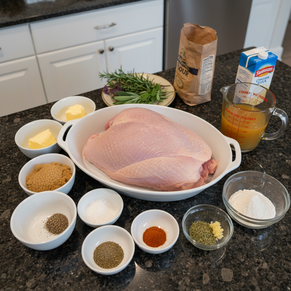 Fresh ingredients for a turkey breast recipe, including herbs, spices, and a raw boneless turkey breast on a cutting board.