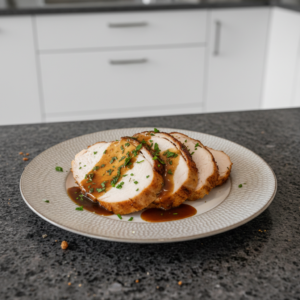 A beautifully roasted turkey breast, golden brown and carved, ready to serve for a holiday meal.