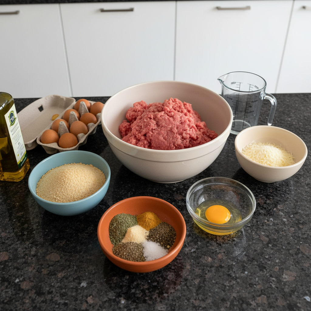 Fresh ingredients for making turkey meatballs, including ground turkey, herbs, and spices, on a rustic wooden board.