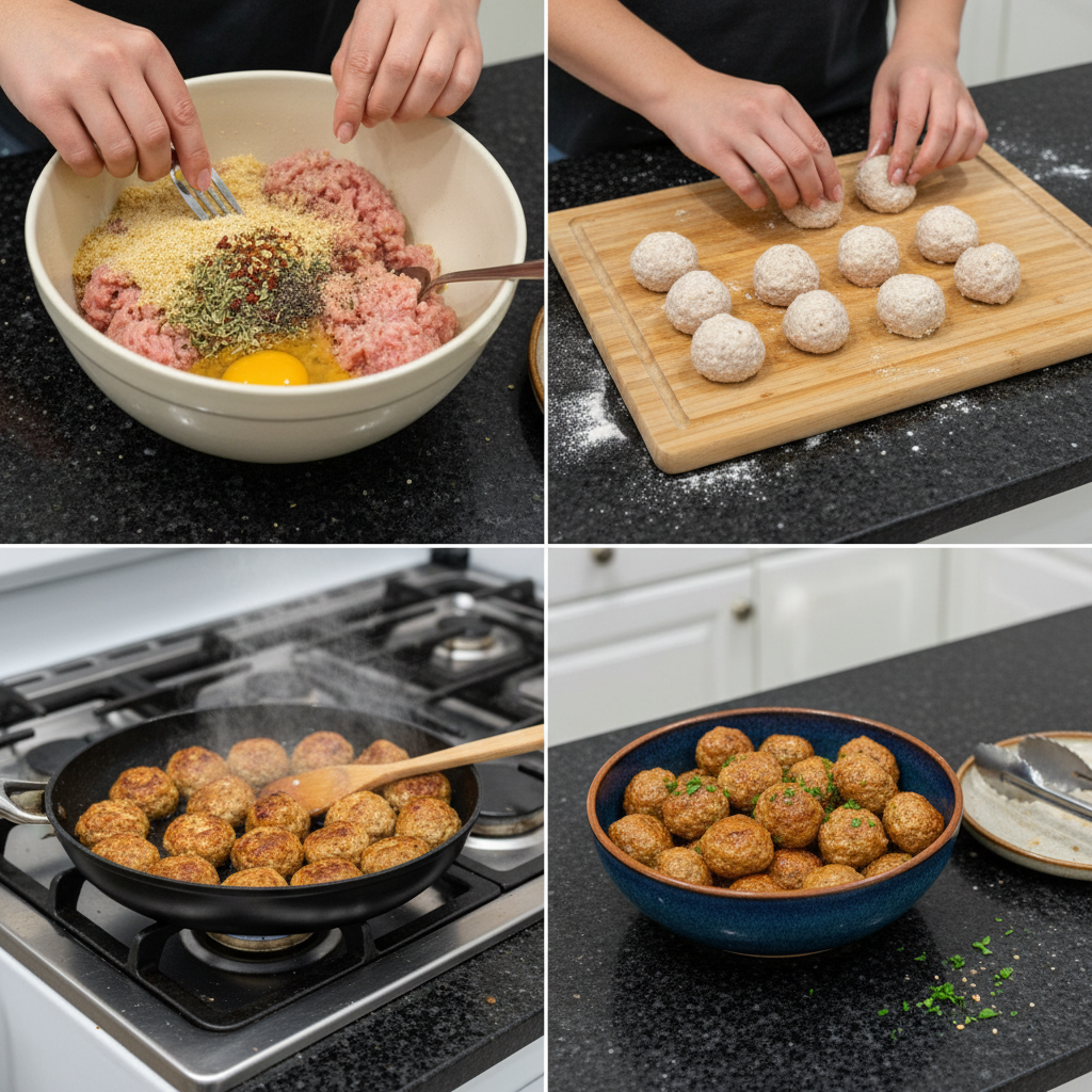 Hands rolling individual turkey meatballs on a baking sheet, ready for cooking.