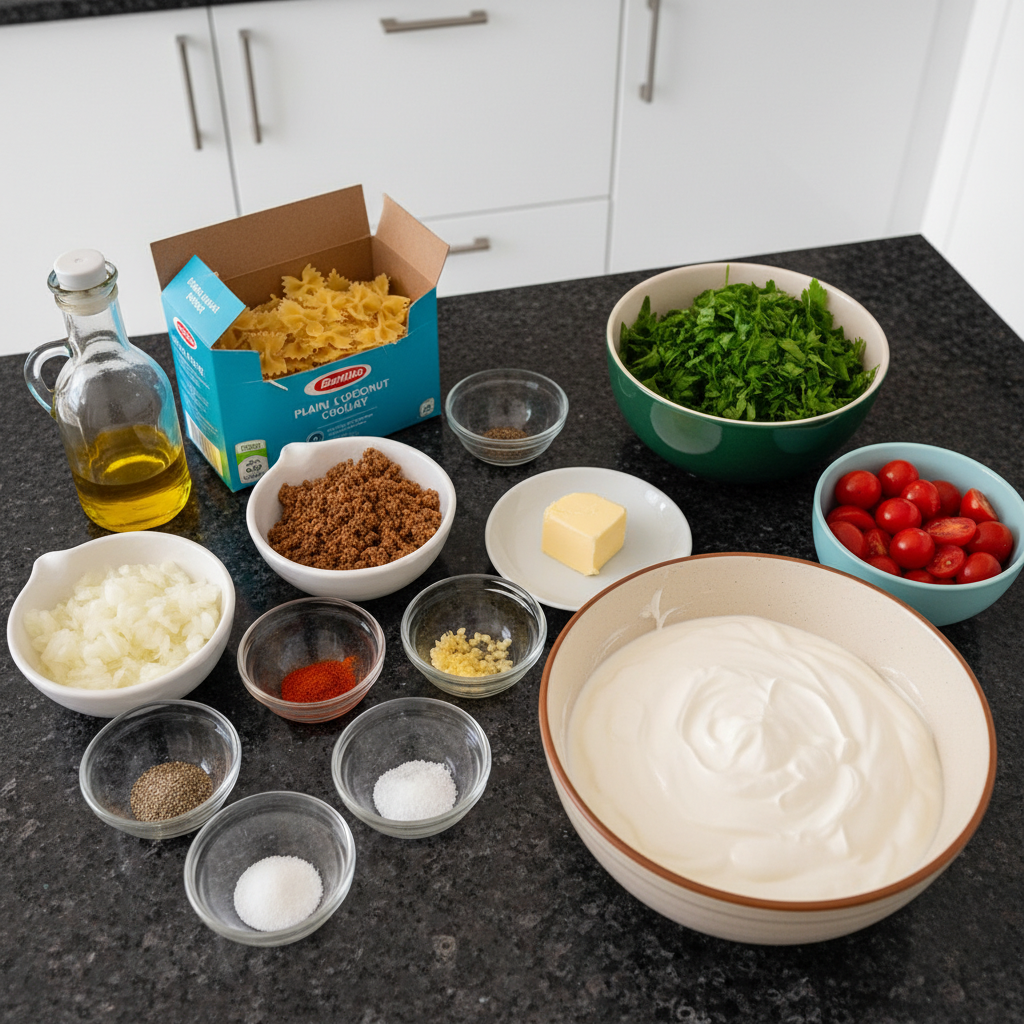 Fresh and wholesome ingredients for making delicious vegan Turkish pasta laid out on a rustic wooden board.