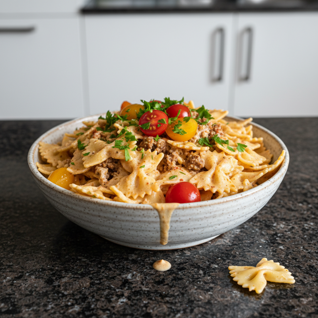 A vibrant bowl of vegan Turkish pasta, garnished with fresh herbs and a drizzle of plant-based yogurt sauce.