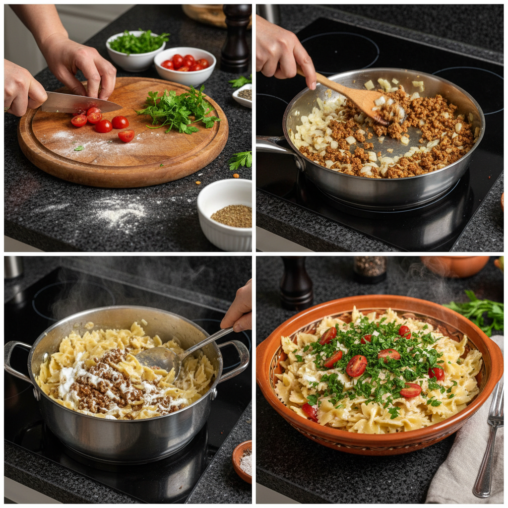 Hands mixing a rich tomato sauce for a flavorful vegan Turkish pasta dish in a large pan.
