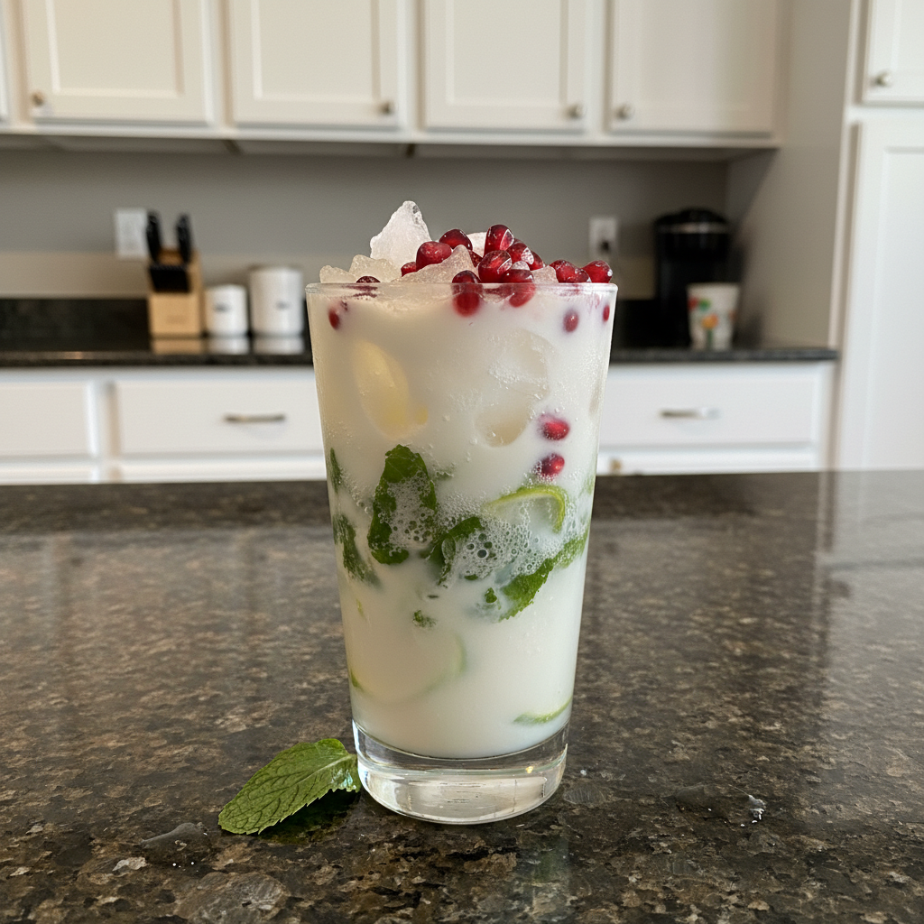 A festive glass of White Christmas Mojitos, garnished with fresh cranberries, mint, and a sprinkle of coconut flakes.