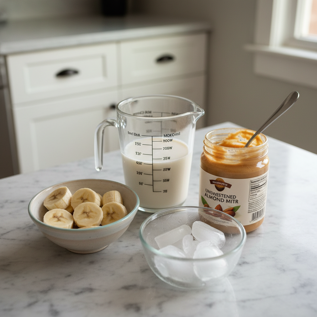 Fresh ingredients for an Almond Butter Smoothie laid out, including bananas, almond milk, almond butter, oats, and ice cubes.