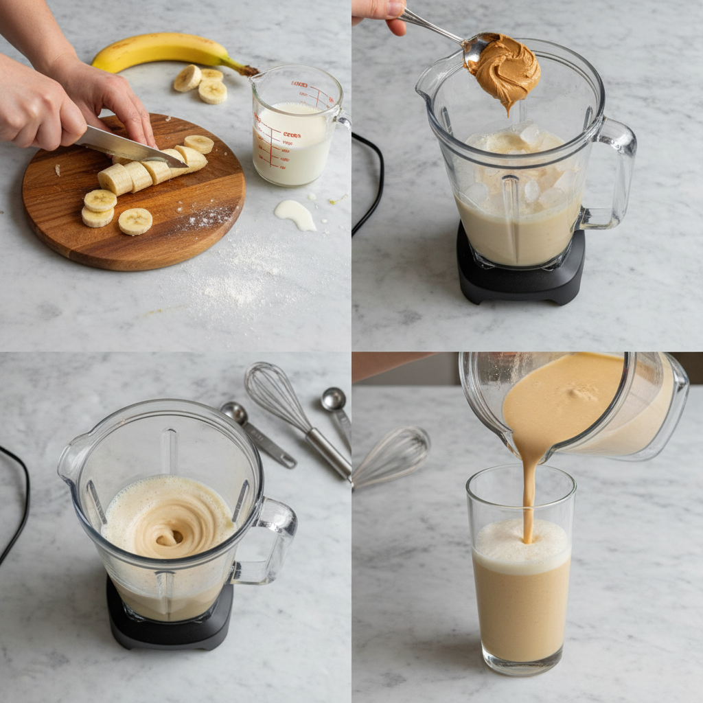 Hands pouring almond milk into a blender with bananas and a scoop of almond butter, preparing an Almond Butter Smoothie.