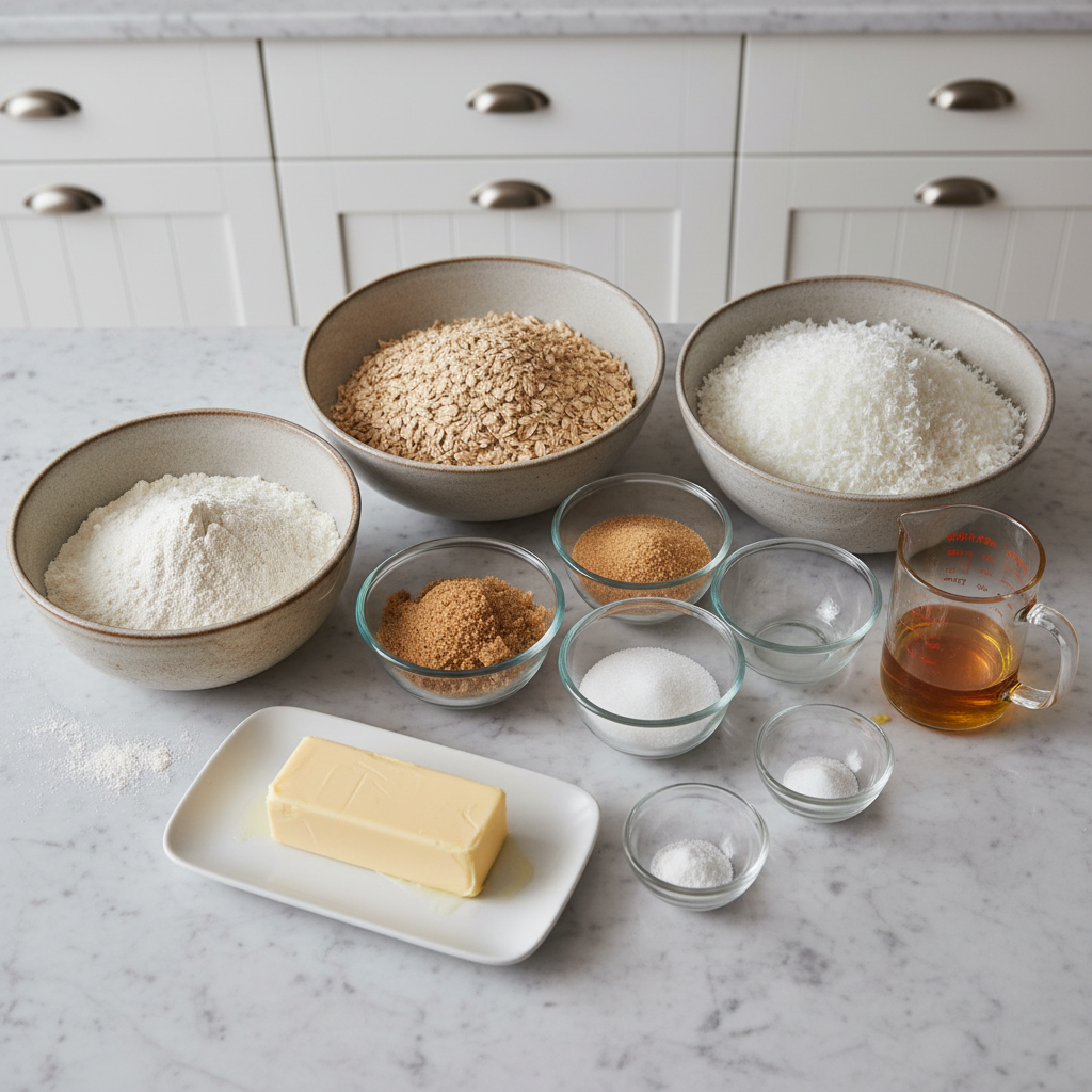 Essential ingredients for an Anzac biscuit recipe: rolled oats, flour, sugar, butter, and golden syrup, neatly arranged.