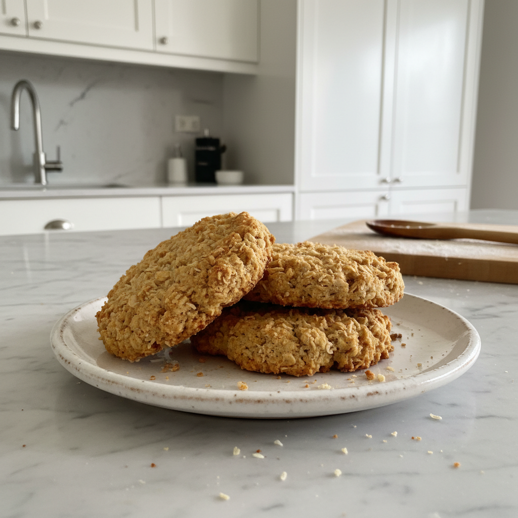 Golden-brown Anzac biscuits arranged on a cooling rack, fresh from the oven, ready to enjoy following this recipe.