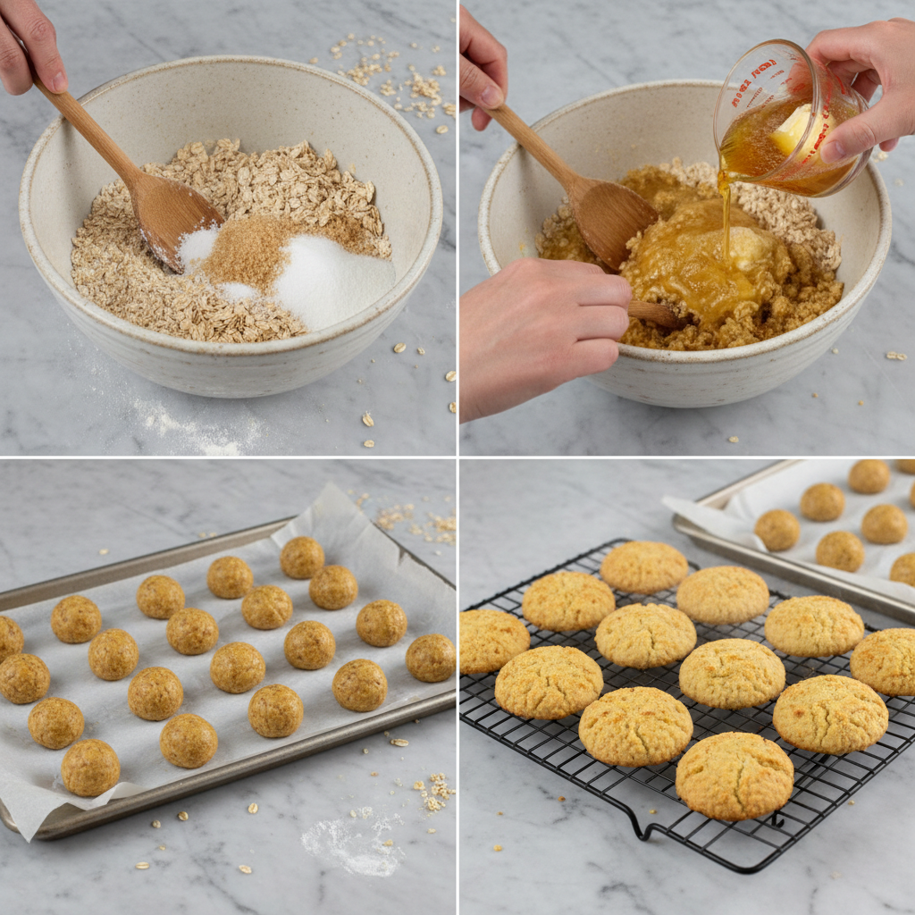 Hands mixing the dough in a bowl for an Anzac biscuit recipe, showing the sticky consistency of the mixture.