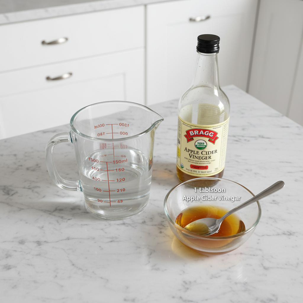 Fresh ingredients for an Apple Cider Vinegar Drink including apple cider vinegar, honey, lemon, and a glass of water on a counter.