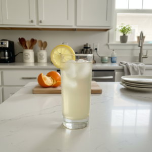 A refreshing glass of homemade Apple Cider Vinegar Drink with a lemon slice and ice, ready to be enjoyed.