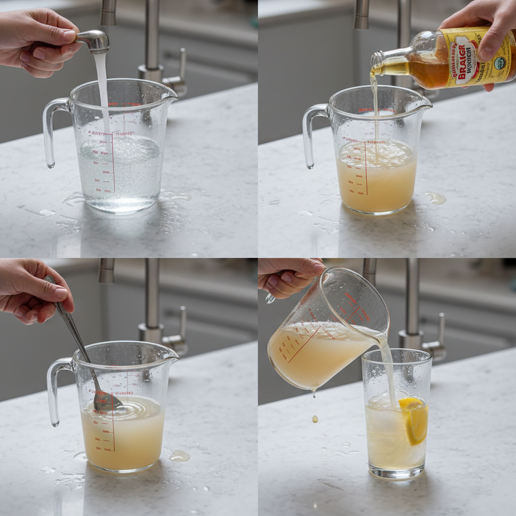 A hand stirring honey into a glass with apple cider vinegar and lemon juice, preparing an Apple Cider Vinegar Drink.