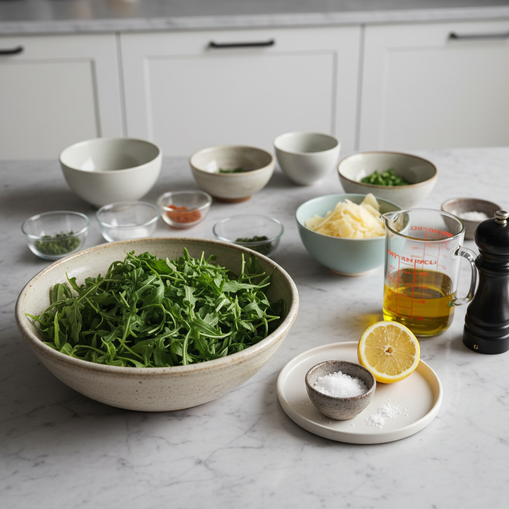 Fresh, crisp ingredients laid out for an Arugula Salad, including a pile of green arugula, cherry tomatoes, and parmesan.