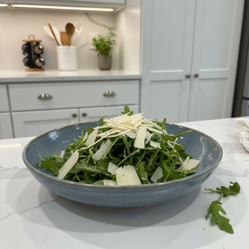 A vibrant Arugula Salad with cherry tomatoes, shaved parmesan, and a lemon vinaigrette, ready to be served.