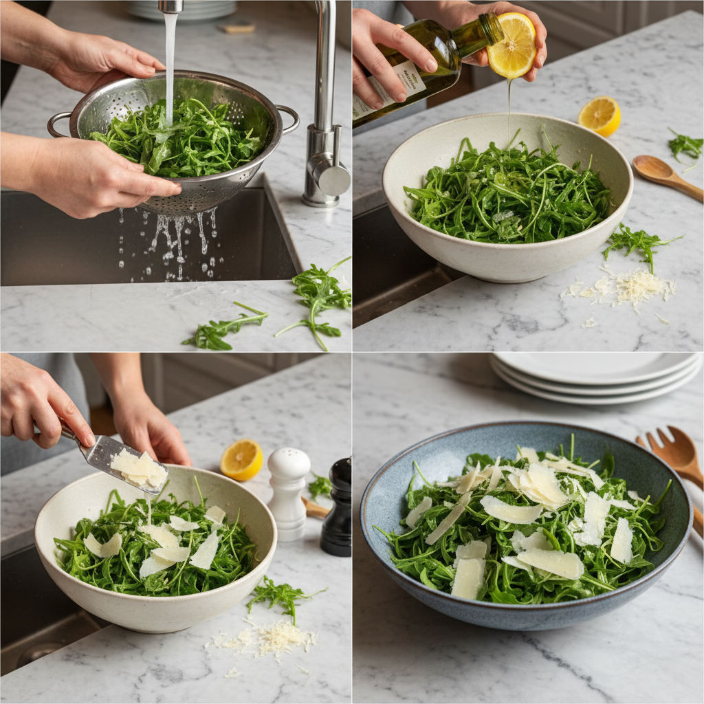 Hands gently tossing an Arugula Salad in a large bowl with dressing, ensuring even coating before serving.