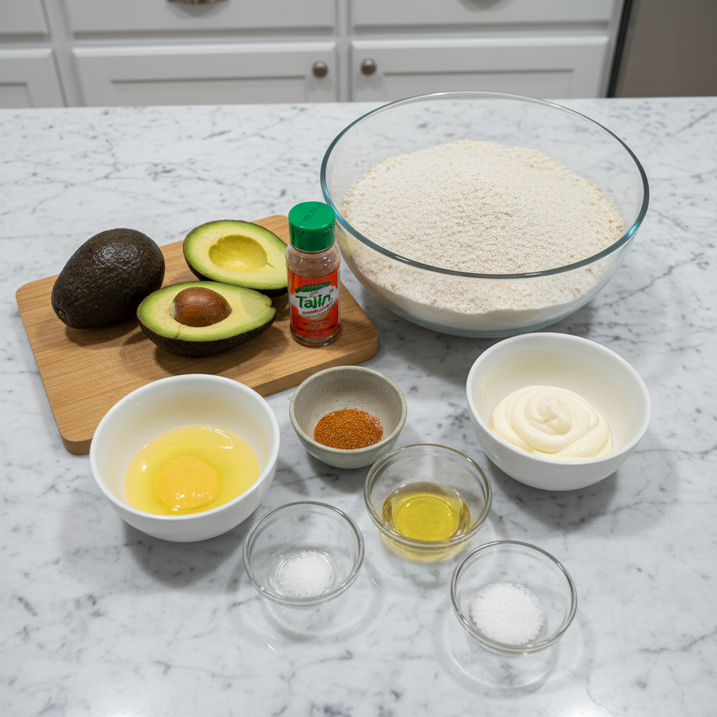 Fresh avocados, breadcrumbs, eggs, and spices laid out on a wooden board for making delicious avocado fries.