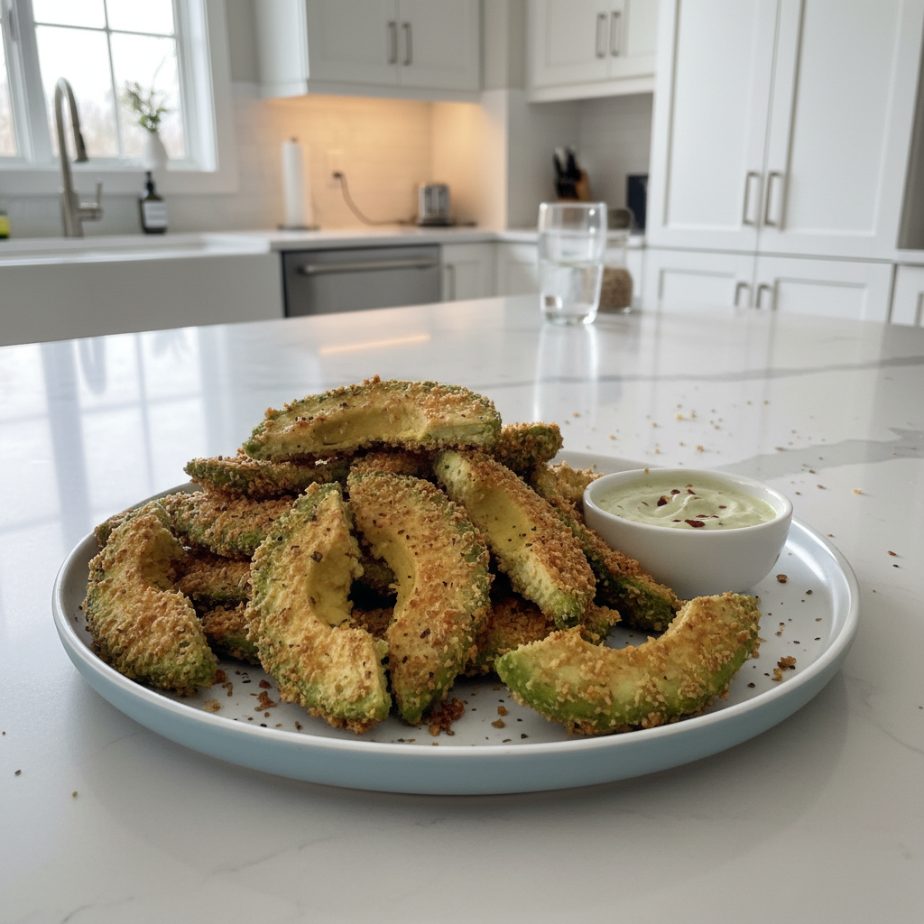 Crispy golden brown avocado fries with a creamy green interior, served fresh with a flavorful dipping sauce.
