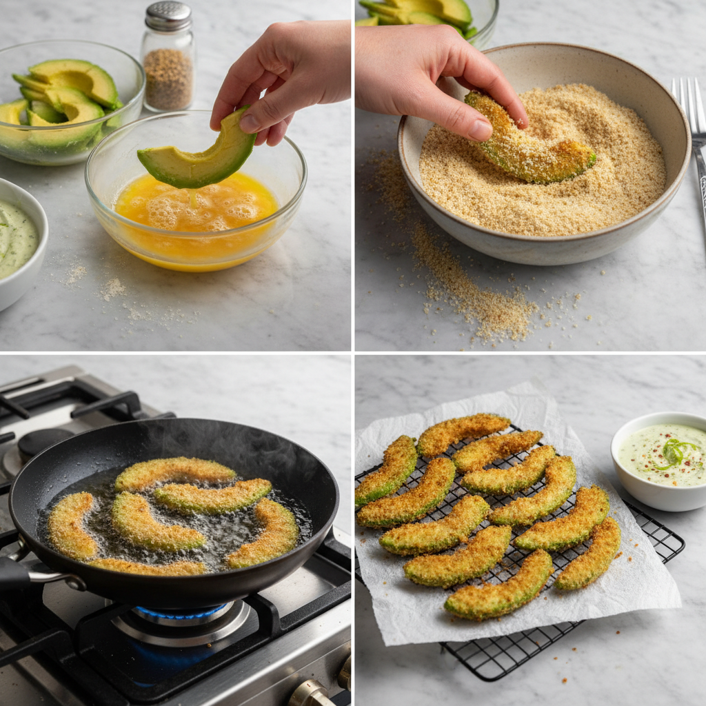 Slicing ripe avocados into uniform wedges, preparing them for the breading process of making avocado fries.