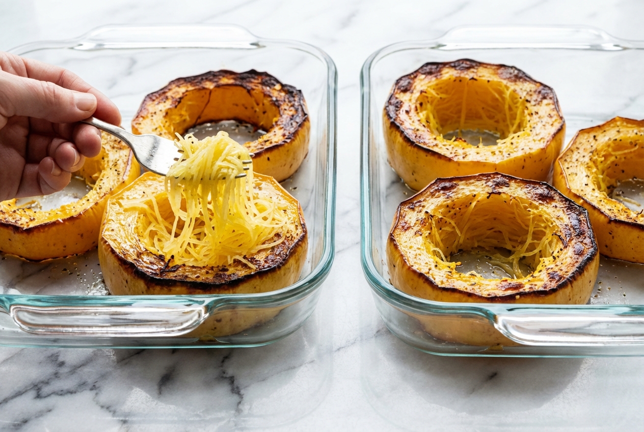 Baked Spaghetti Squash prepared with a cross-cut ring technique on a minimalist ceramic plate with soft shadows.
