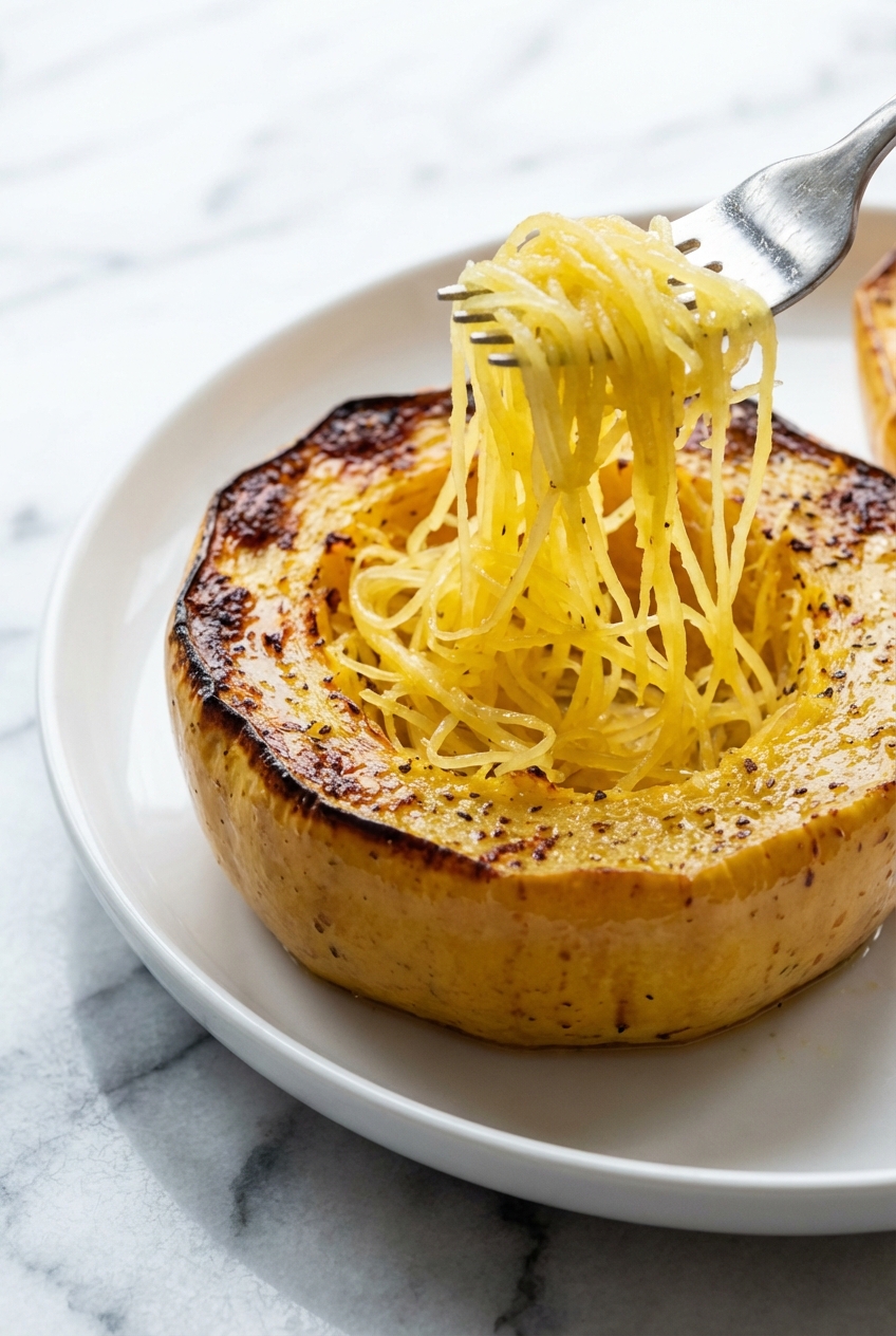 Close-up of caramelized Baked Spaghetti Squash strands showing the Maillard reaction on a white marble surface.