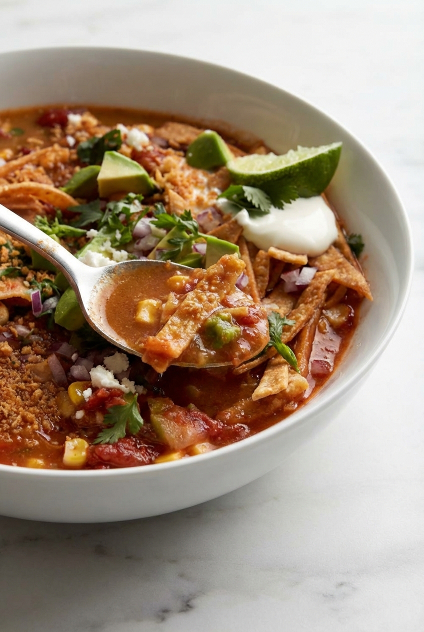 Close-up texture of Vegetarian Tortilla Soup broth highlighting the Maillard reaction and thickness from nixtamalization.
