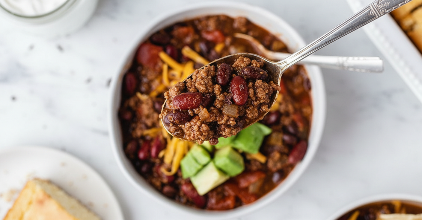 Venison chili recipe simmering in a Dutch oven on a white marble surface, showing a thick, velvety texture.