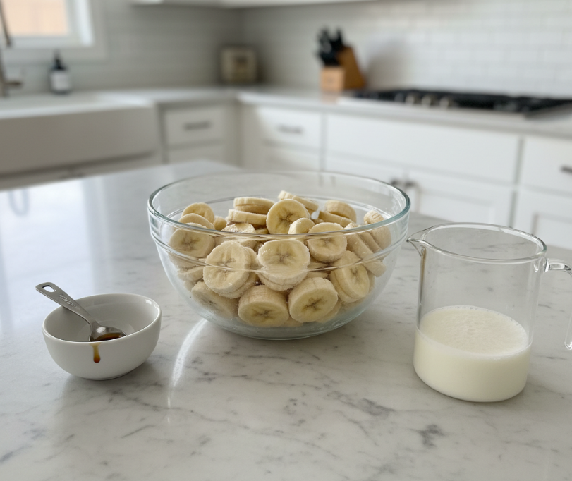 Simple ingredients laid out for making delicious banana nice cream: ripe bananas, a touch of almond milk.