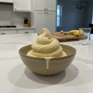 A creamy, delightful bowl of homemade banana nice cream topped with fresh berries and mint, ready to enjoy.