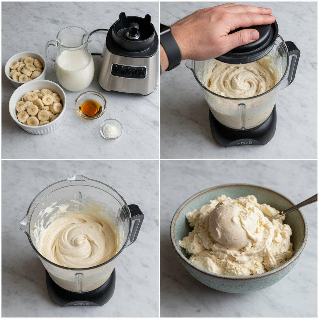 Blending frozen bananas into a smooth, creamy texture for easy homemade banana nice cream.