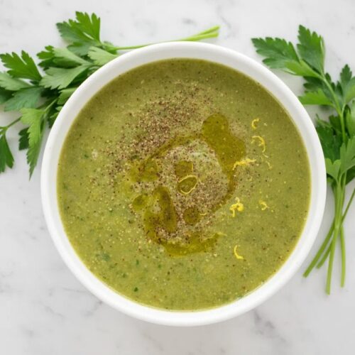 Creamy Bielers Blended Vegetable Soup in a minimalist ceramic bowl on white marble with a lemon-limonene and olive oil finish.