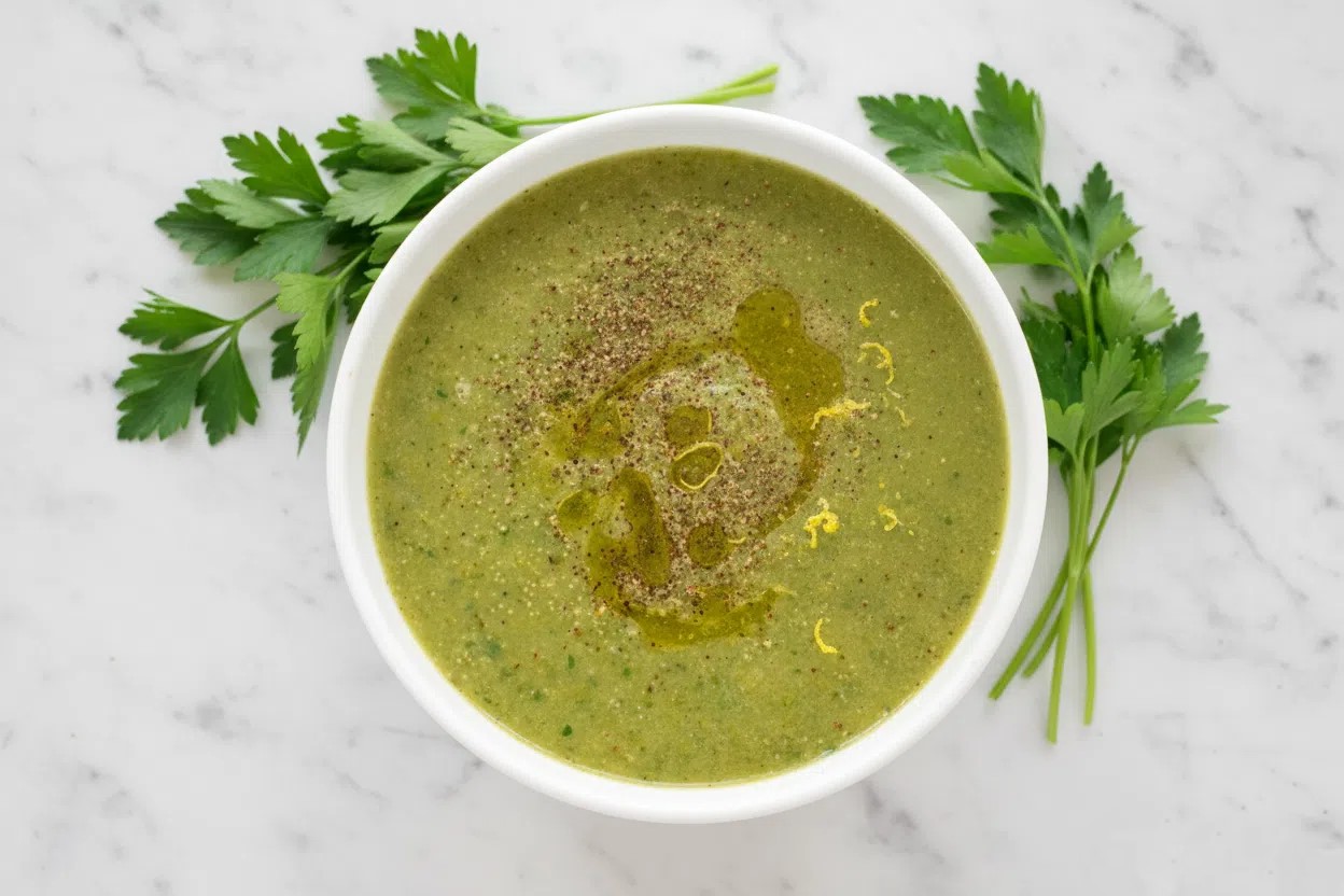 Creamy Bielers Blended Vegetable Soup in a minimalist ceramic bowl on white marble with a lemon-limonene and olive oil finish.