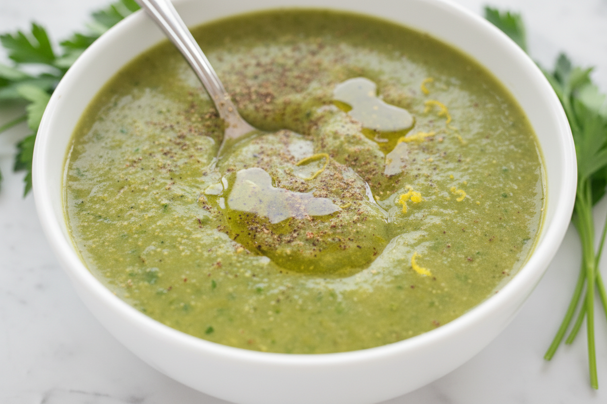 Close-up of the smooth green texture of Bielers Blended Vegetable Soup with soft shadows and natural window lighting.