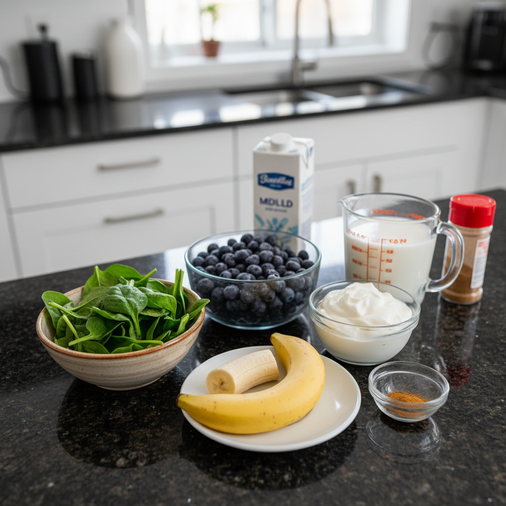 Fresh blueberries, vibrant spinach leaves, almond milk, and other healthy ingredients laid out for a Blueberry Spinach Smoothie.