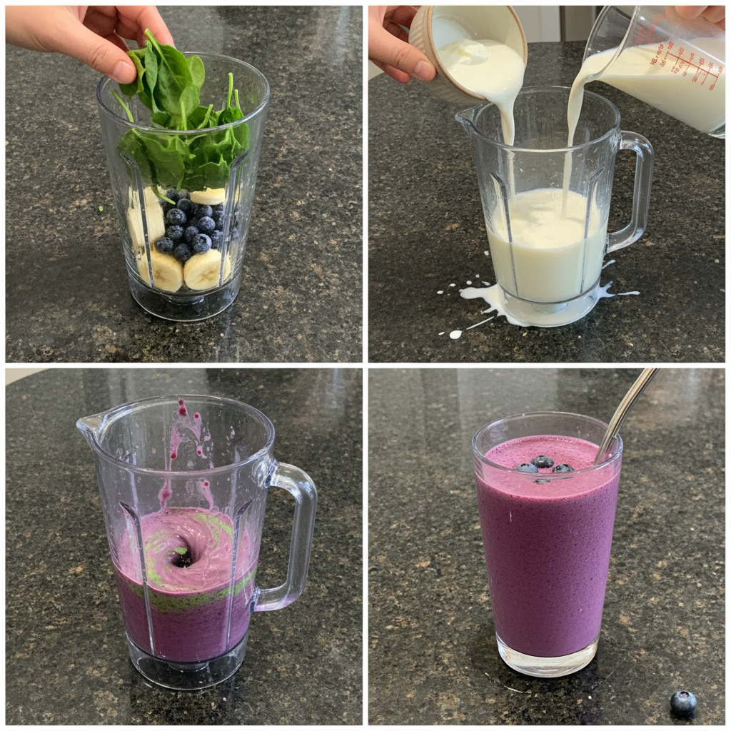 A hand adding fresh spinach leaves and blueberries into a blender full of liquid to make a Blueberry Spinach Smoothie.