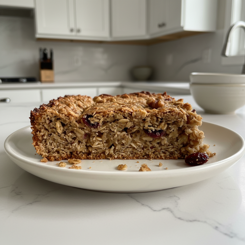 A stack of golden-brown breakfast bars, some with a bite taken out, showcasing the chewy texture from this Breakfast Bar Recipe.