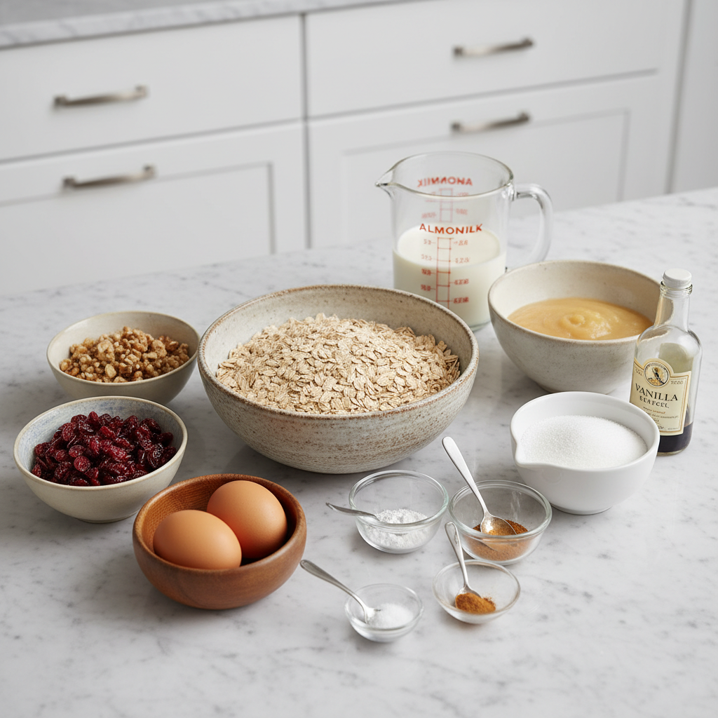 A vibrant spread of ingredients like oats, nuts, dried fruit, honey, and spices laid out for a Breakfast Bar Recipe.