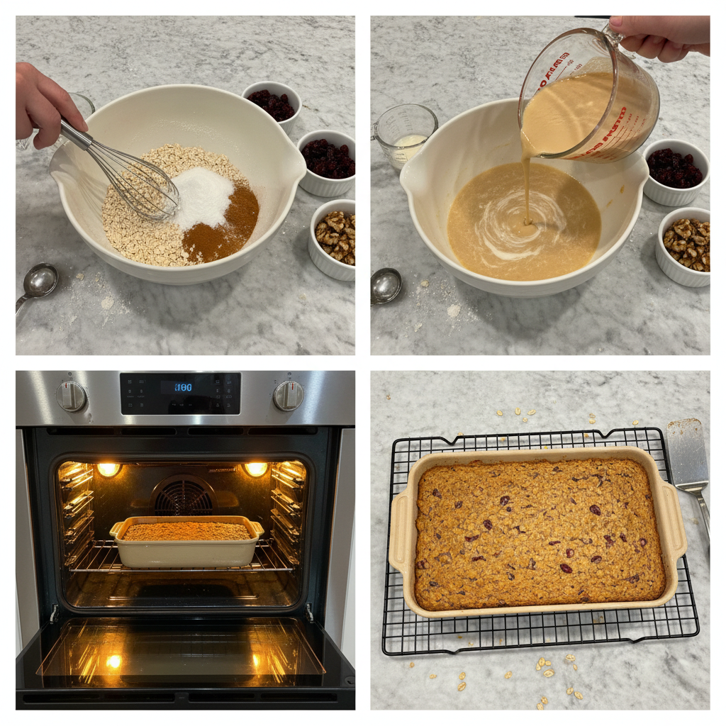 Hands pressing a sticky mixture into a baking pan, flattening it evenly to prepare for the Breakfast Bar Recipe.