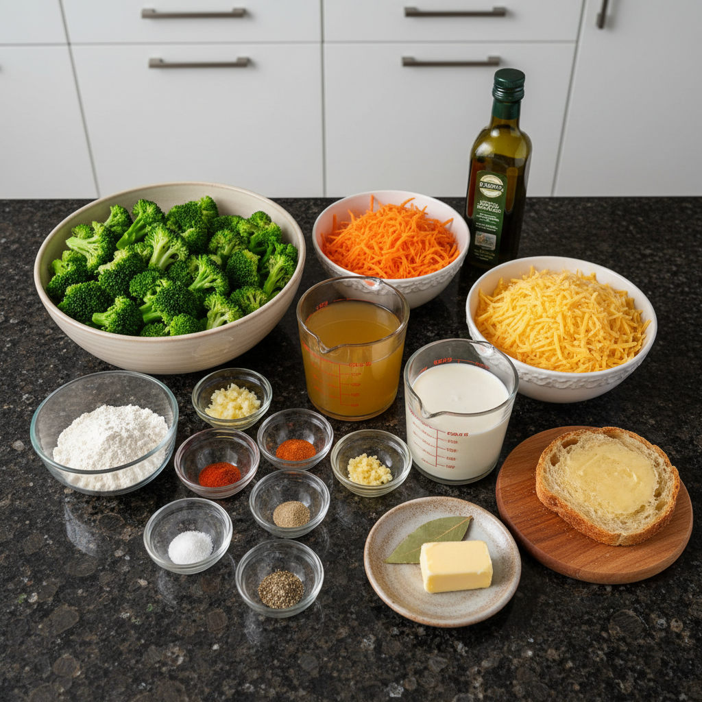 A vibrant array of fresh ingredients for a broccoli cheddar soup recipe, including broccoli florets, shredded cheese, onion, and chicken broth, neatly arranged.