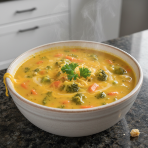 A steaming bowl of creamy homemade broccoli cheddar soup recipe, garnished with fresh parsley and extra shredded cheddar cheese.