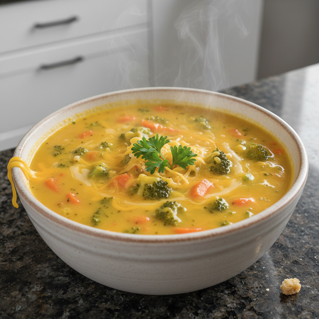 A steaming bowl of creamy homemade broccoli cheddar soup recipe, garnished with fresh parsley and extra shredded cheddar cheese.