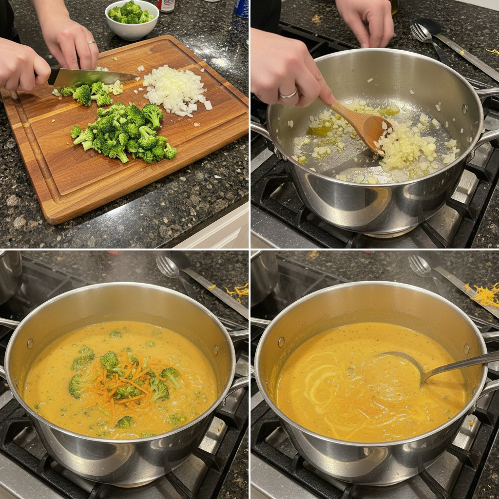 Broccoli florets and grated cheddar cheese being gently stirred into a creamy, simmering base for a flavorful broccoli cheddar soup recipe.