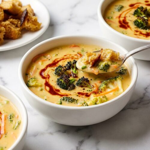 Creamy Broccoli Cheddar Soup in a minimalist ceramic bowl on white marble, topped with charred broccoli and smoked paprika.
