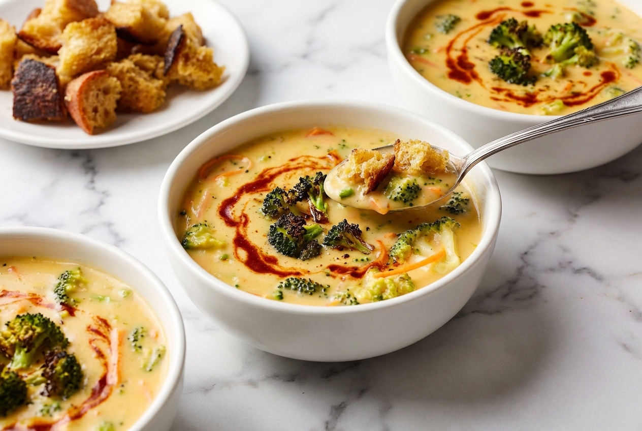 Creamy Broccoli Cheddar Soup in a minimalist ceramic bowl on white marble, topped with charred broccoli and smoked paprika.