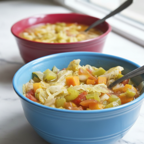 Cabbage soup diet recipe with golden turmeric and ginger highlights in a minimalist ceramic bowl on a white marble surface.