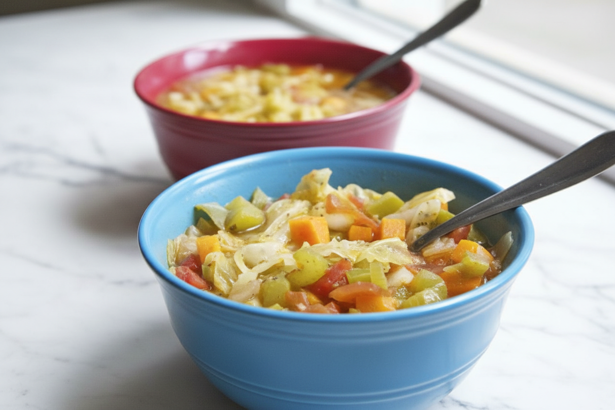 Cabbage soup diet recipe with golden turmeric and ginger highlights in a minimalist ceramic bowl on a white marble surface.