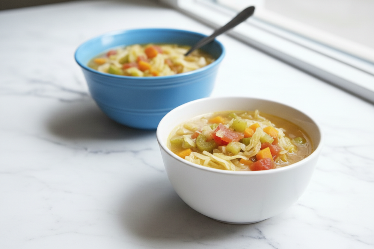 Close-up of tender cruciferous vegetables and aromatic spices in a clear chicken bouillon broth cabbage soup diet recipe.